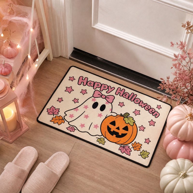 Pink Ghost Halloween Doormat - Cute Welcome Mat with Pumpkins & Stars, Absorbent Diatomite Floor Mat with Rubber Backing, 12_Pink Pumpkin Ghost Mat_L
