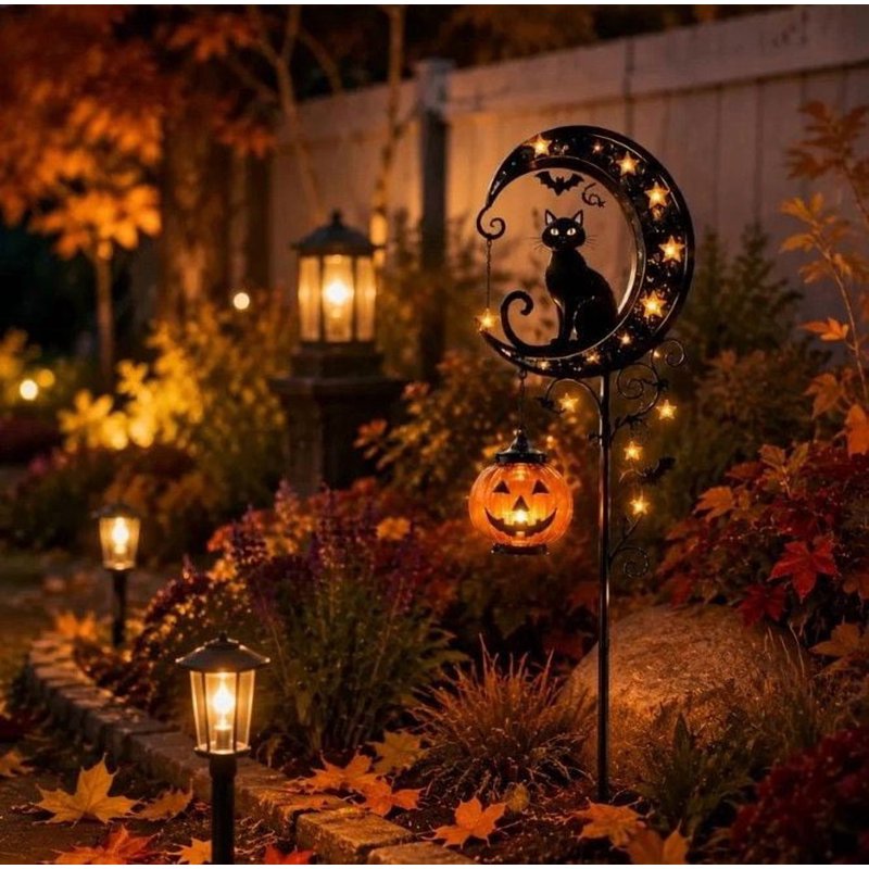 Halloween Solar Garden Stake Light with Metal Moon, Black Cat & LED Pumpkin - Variation A