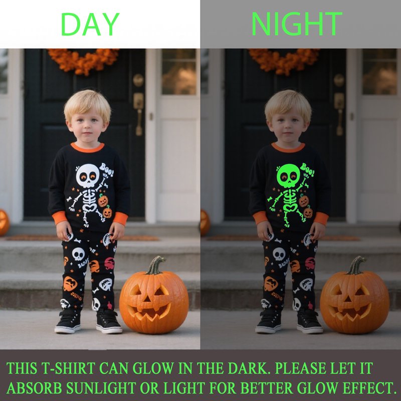Toddler Skeleton Pajamas Set - Glow in the Dark Halloween Sleepwear 3T - Black Skeleton
