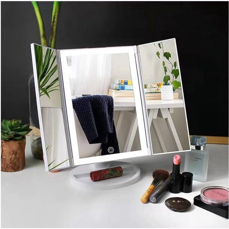 Tri-Fold LED Makeup Mirror with Lights and Adjustable Touch Screen
