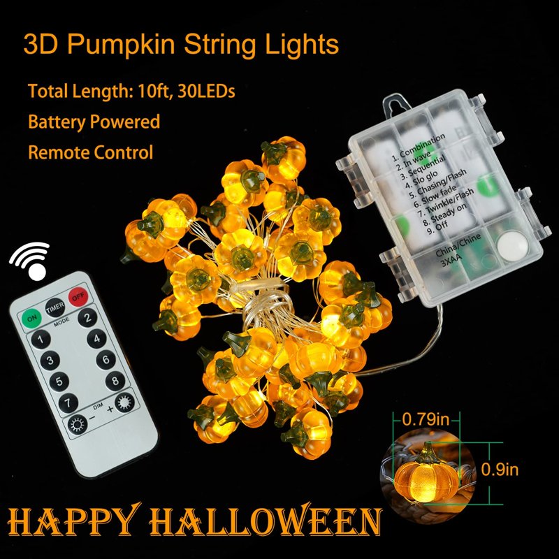 Halloween 3D Pumpkin String Lights - 10ft Battery Powered LED Lights for Indoor Outdoor Fall Thanksgiving Decor - Variation: Orange Pumpkin