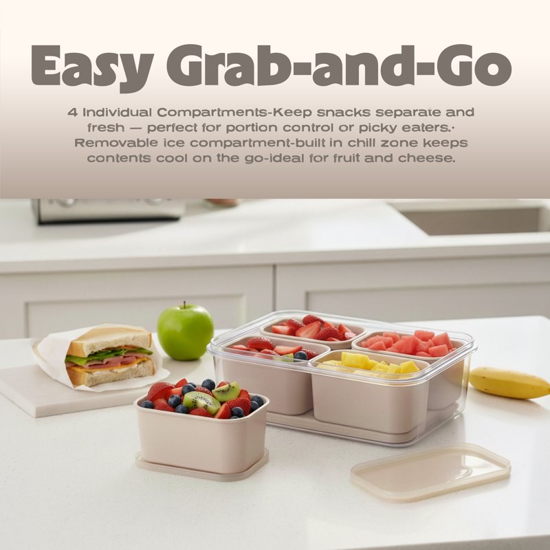 4-Compartment Portable Snack Box with Ice Pack - Taupe, 2 Pack