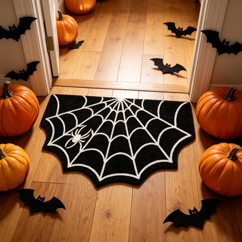 Halloween Spider Web Bath Mat - Non-Slip 24x16 Inch Gothic Rug for Bathroom & Entry - Variation A