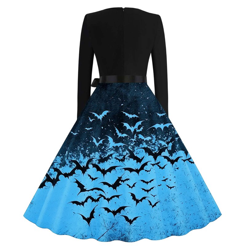 Women's Vintage Halloween Bat Print Swing Dress Sky Blue XL Retro Gothic 1950s Style
