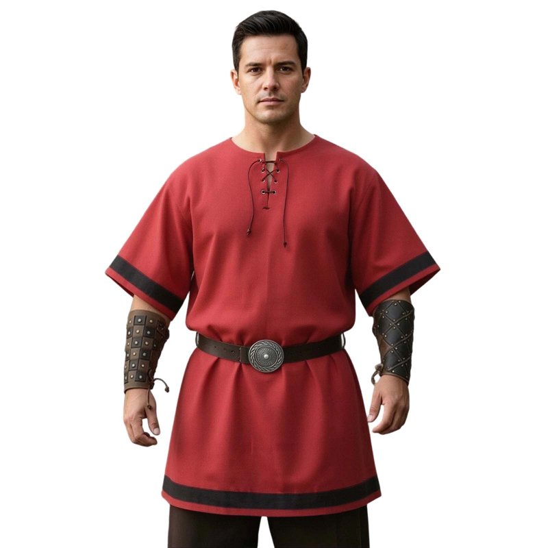 Men's Medieval Knight Viking Surcoat Costume L - Red, Short Sleeve Halloween Cosplay