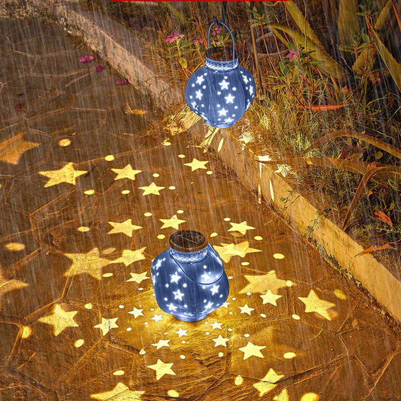 Blue Solar Outdoor Table Lantern with Flickering Flame - Weather-Resistant Metal Garden Light