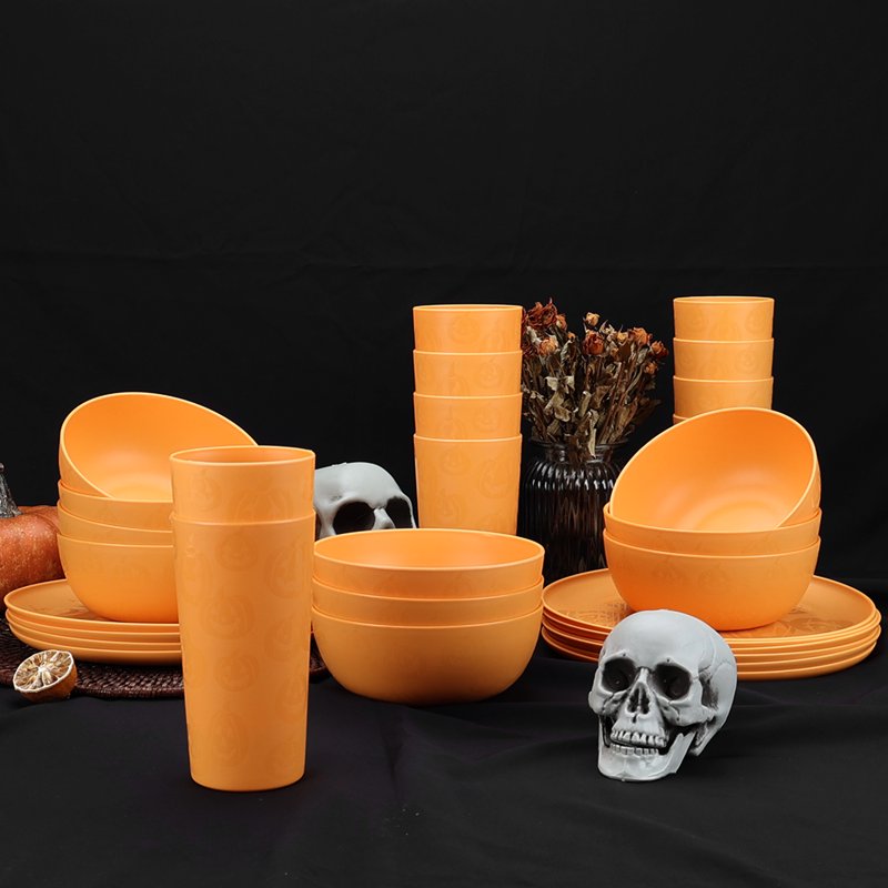 30-Piece Pumpkin Dinnerware Set - Orange Plastic Tableware