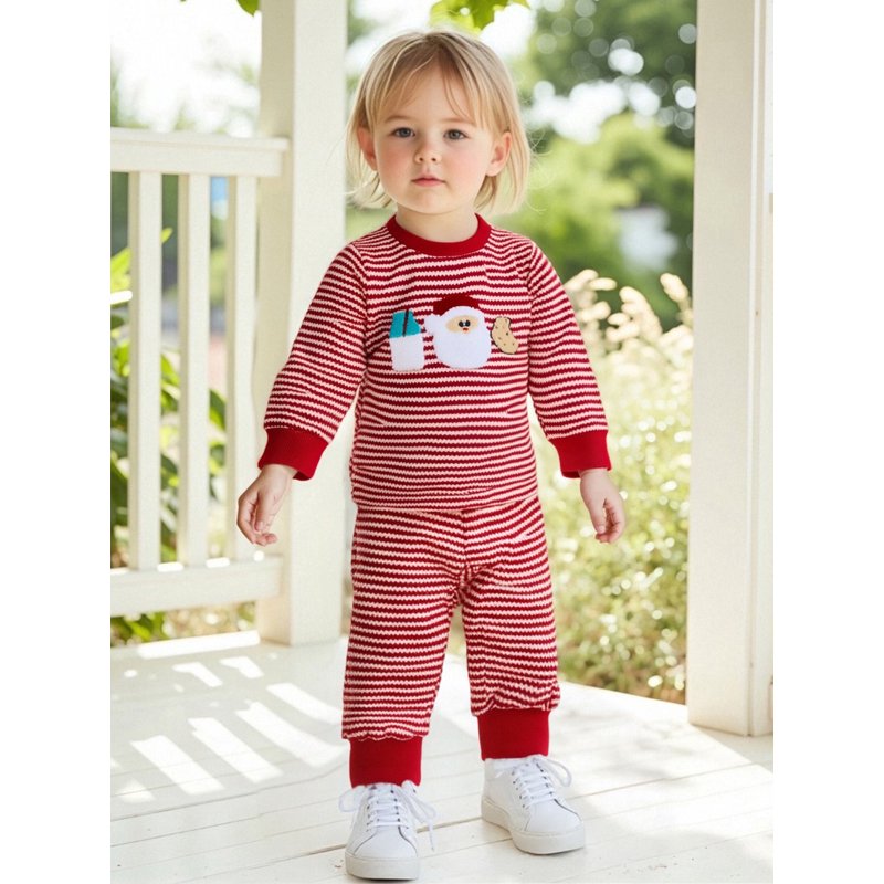 Toddler Boy Girl Christmas Outfit Set 2T Style 14 Santa Embroidery Striped Long Sleeve Pullover and Pants
