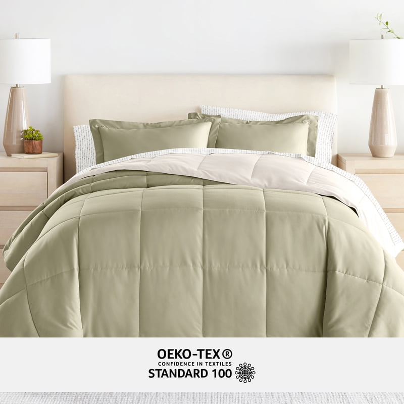 Full Beaded Arrows Sage Ivory Reversible Comforter & Patterned Sheet Set - 7 Piece Bedding Bundle