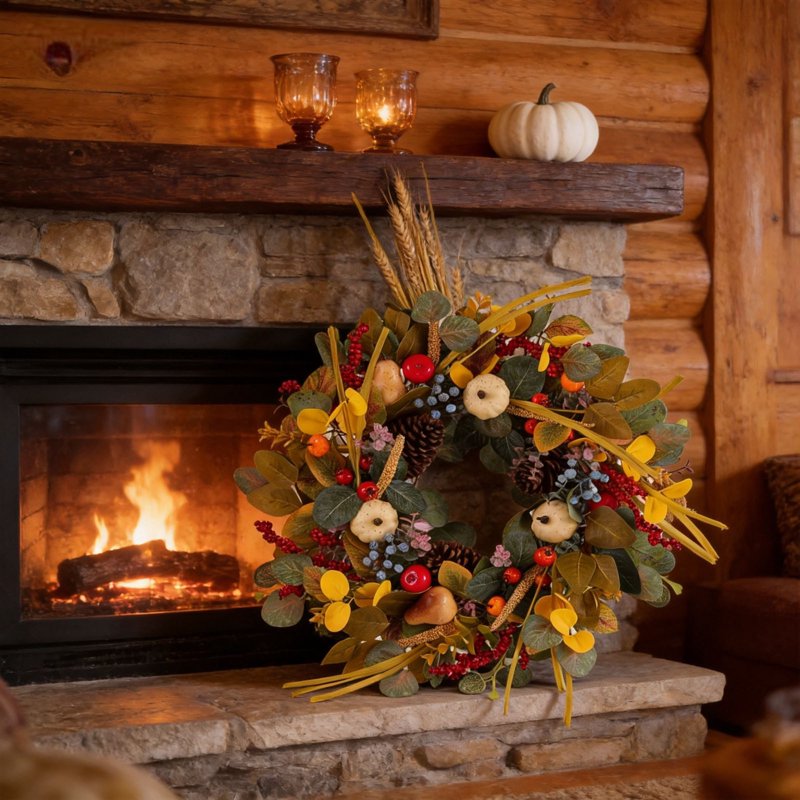 Thanksgiving Wreath Artificial Pumpkin Maple Leaf Pinecone Fall Door Decor - O