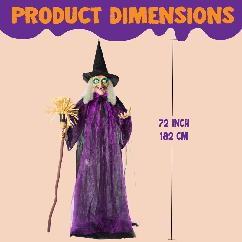 Halloween Outdoor Standing Witch with Broom & LED Eyes - Purple Variation