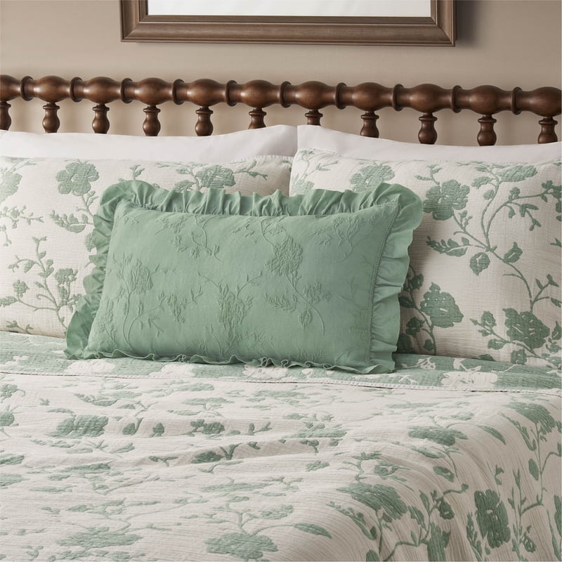 Green Decorative Lumbar Pillow - Matelassé Floral Crochet Ruffle, 14x24
