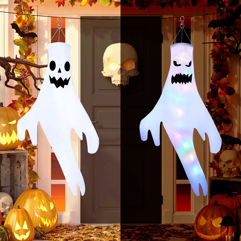 2 Pack Hanging Ghost Halloween Decor - Large Glowing LED Windsock with 3 Modes