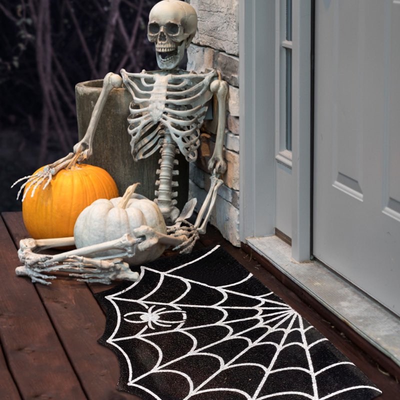Halloween Welcome Doormat - Outdoor Entrance Half-Circle Floor Rug with Spider Web Design