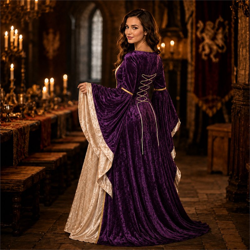 Women Gothic Witch Costume Dress - Deep Red 2XL Halloween Medieval Fantasy