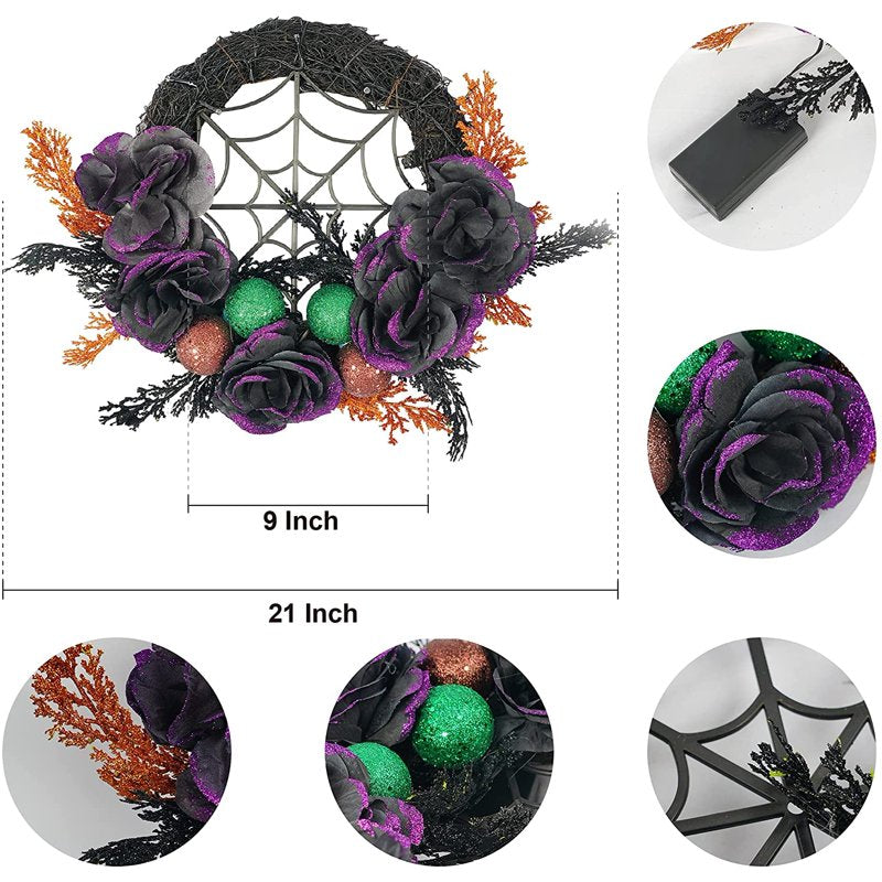 Halloween Purple LED Wreath for Front Door - 17.7 Inch Artificial Decor