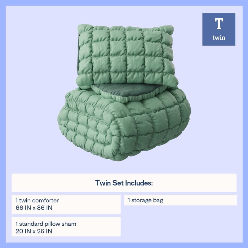 Kids Twin Comforter Set - Light Green Puffy Microfiber Bedding with Sham - 66x86 Inches
