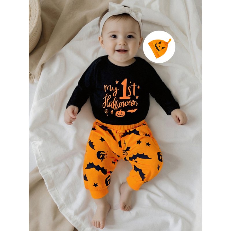 Baby Boy First Halloween Outfit - Letter Print Romper with Bat & Spider Hat, 0-3 Months Orange A