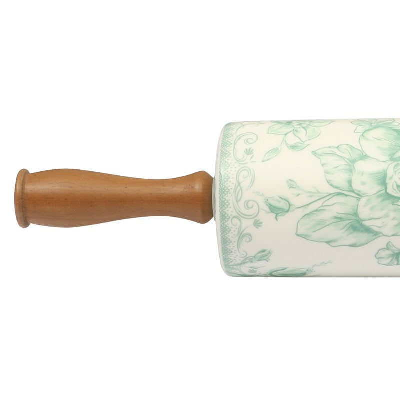 Ceramic Rolling Pin with Wood Handles - Green Floral Design
