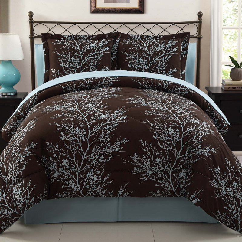 VCNY Home Leaf 8-Piece Reversible Bed in a Bag - Queen Blue/Chocolate