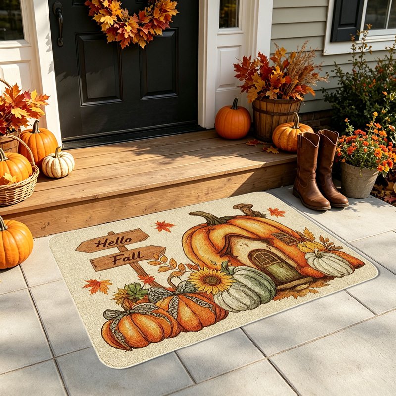Thanksgiving Pumpkin Doormat - Non-Slip Autumn Front Door Decor - Variation T