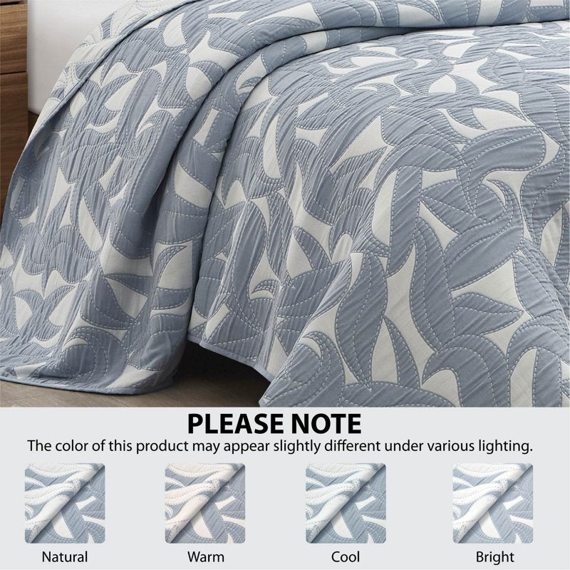 Mainstays Iris Leaf Stitched Quilt - Full/Queen Light Blue Reversible Bedding Set