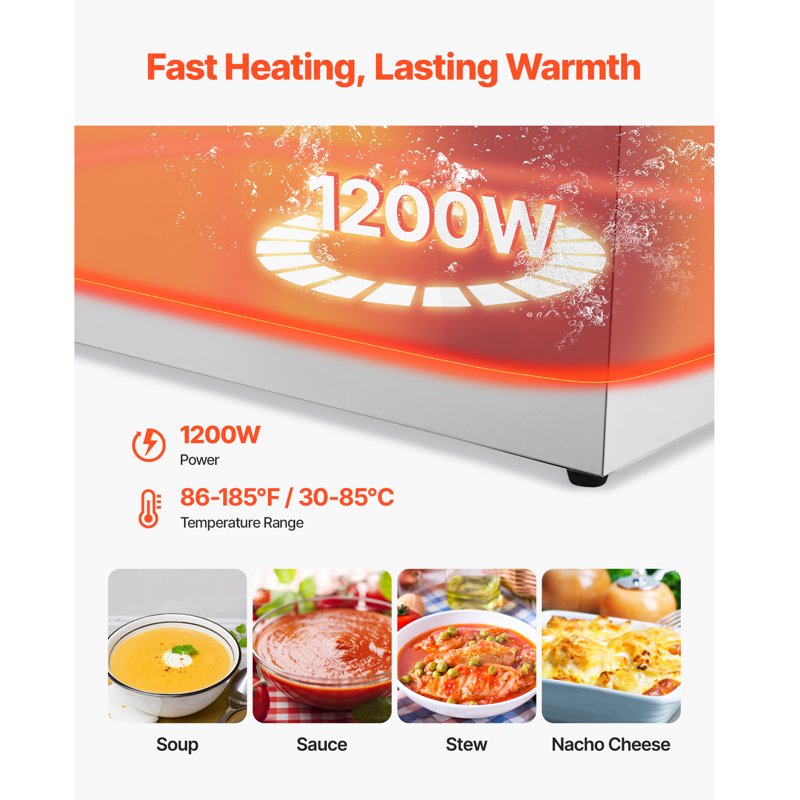 1200W Electric Stainless Steel Food Warmer - Countertop Bain Marie with 2 Pans