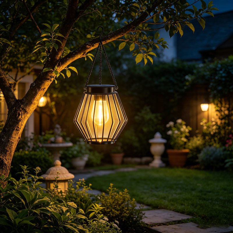 Solar Powered Geometric Metal Hanging Lantern T Variation T Outdoor Patio Light