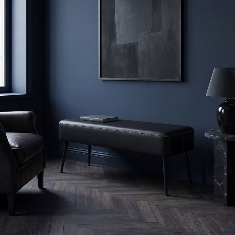 Mid-Century Modern Entryway Bench - Black Synthetic Leather