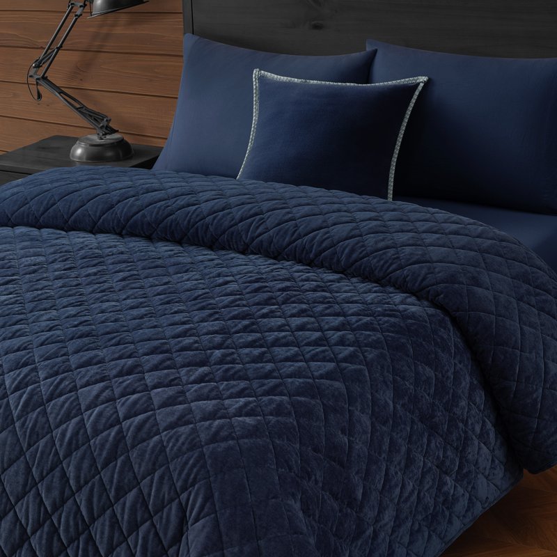 King Navy Blue Velvet Corduroy Quilt 104x94 Inches - Cozy Microfiber Bedding
