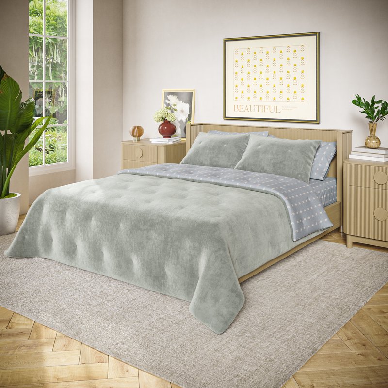 Reversible King Quilt - Floral Sage Green Velvet & Patterned Cotton, Drew Barrymore Signature