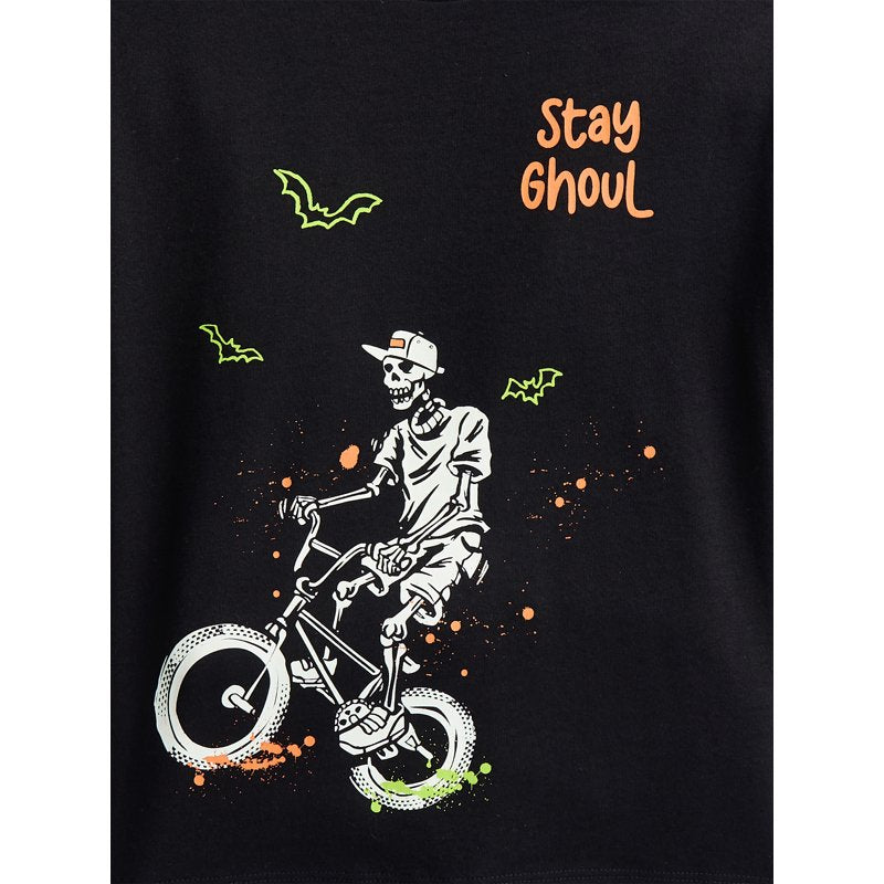 Halloween Boys Graphic Tee - Short Sleeve, Skeleton Design, Size 14-16, Black Soot
