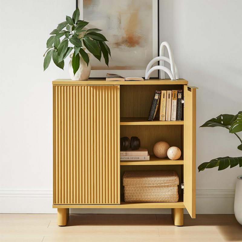 Fluted Accent Cabinet - Natural Pine Finish with Adjustable Shelves