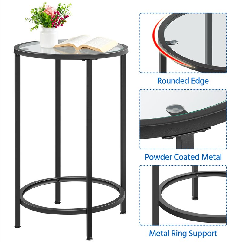 Round Metal End Tables with Glass Top - Set of 2, Black