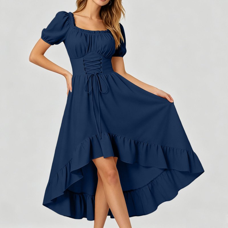 Navy Renaissance Costume Dress for Women Halloween & Cosplay - High Low Corset Gown with Pockets & Puff Sleeves - Size S