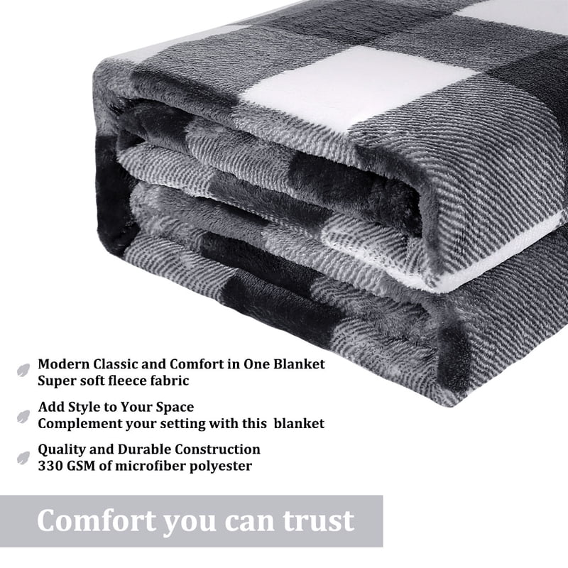 Plaid Soft Plush Fleece Blanket for Sofa Couch Bed - 50 x 60 Black & White
