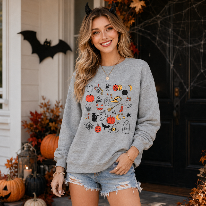 Women’s Halloween Pumpkin Ghost Graphic Sweatshirt - Gray, L