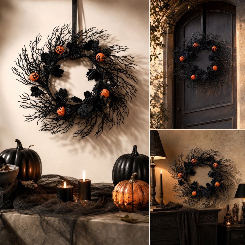 WWC Halloween Wreath 24 Inch Pumpkin and Black Bare Branch Gothic Decor - Variation J
