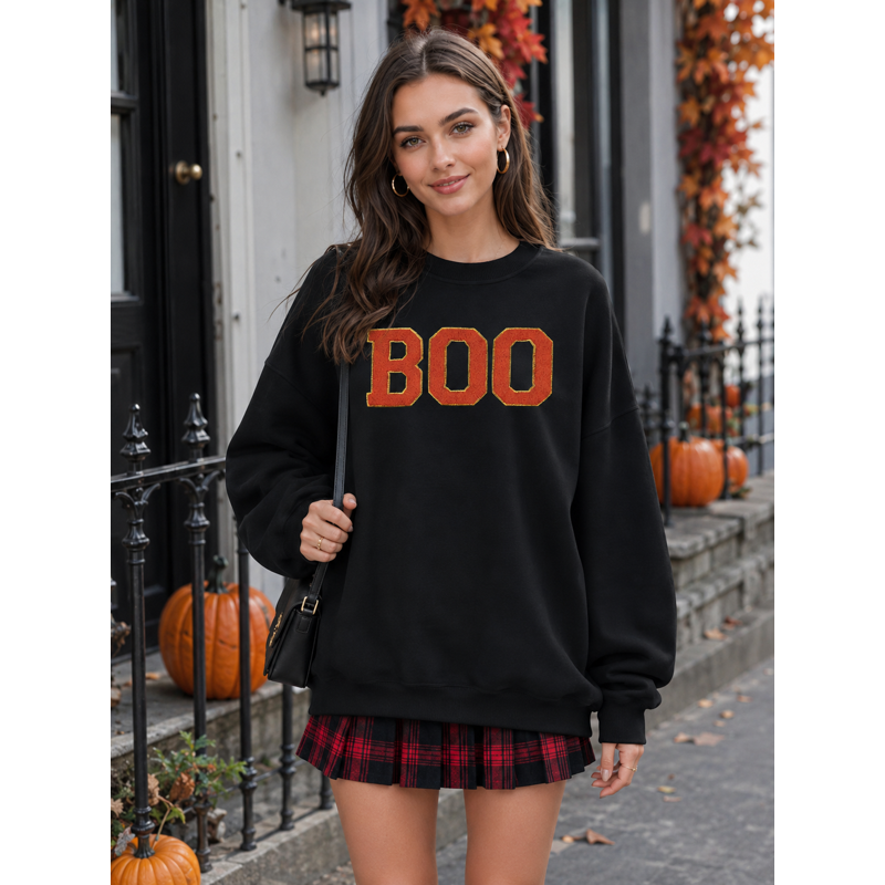 Black XXL Halloween Sweatshirt for Women Boo Embroidered Spooky Season Pullover