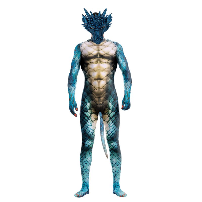 Blue Men's Full Body Dragon Costume Bodysuit with Wings Mask Tail 2XL Halloween