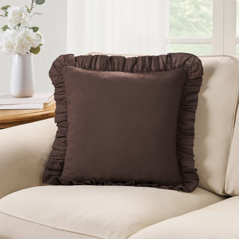Brown Ruffle Cotton Decorative Pillow - 18x18 Farmhouse Style