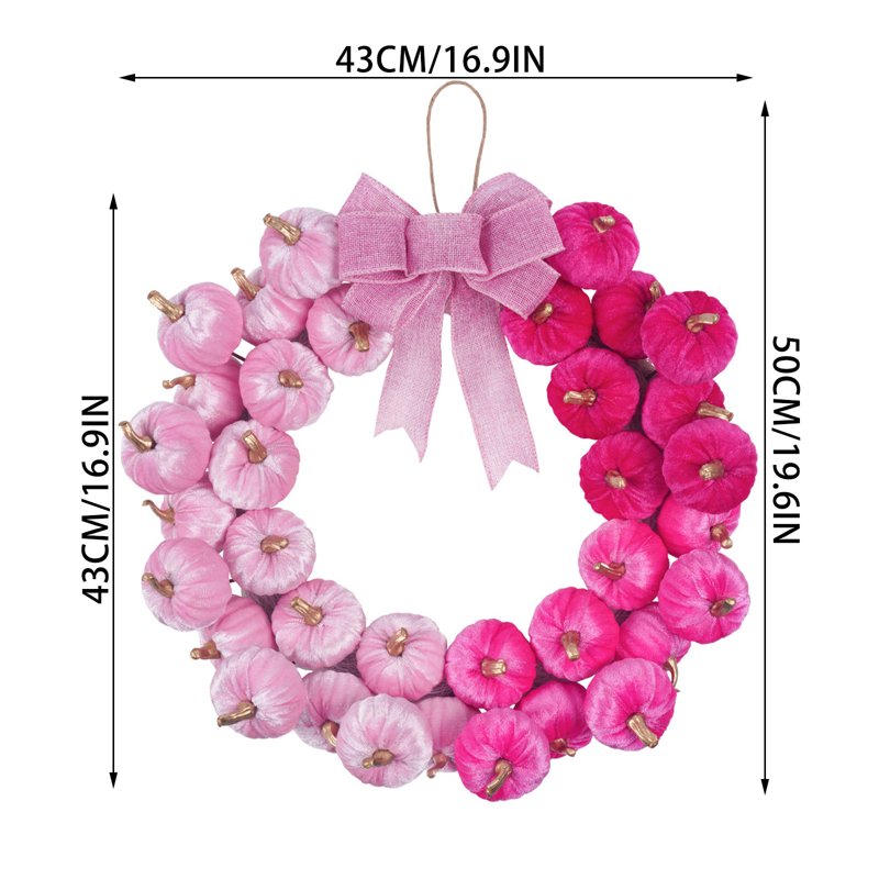 Pink Artificial Pumpkin Wreath with Linen Bow Fall Halloween Thanksgiving Door Decor - Deeceymbur Variation