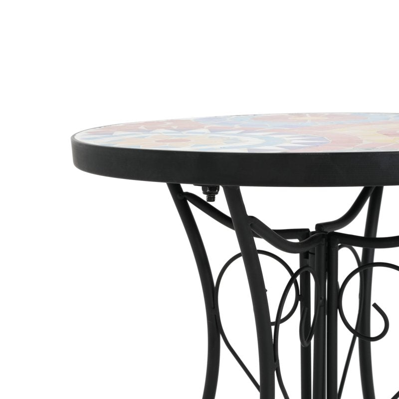 Outdoor Patio Round Side Table - Colorful Ceramic Top, Iron Base