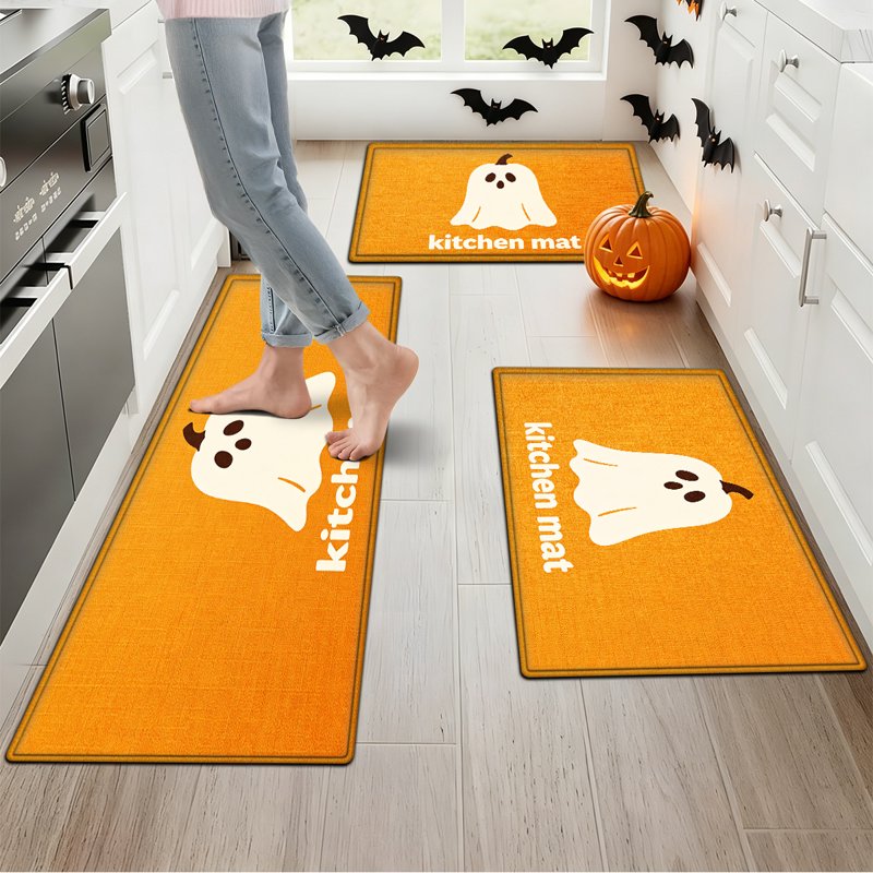 Halloween White Ghost Non-Slip Flannel Floor Mat & Rug Set - 15.7x23.6 & 17.7x47.2 Inches