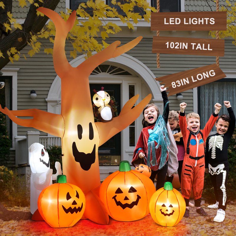 8FT Halloween Inflatable Dead Tree with LED Lights, Yard Decorations with Pumpkins Ghost & Owl