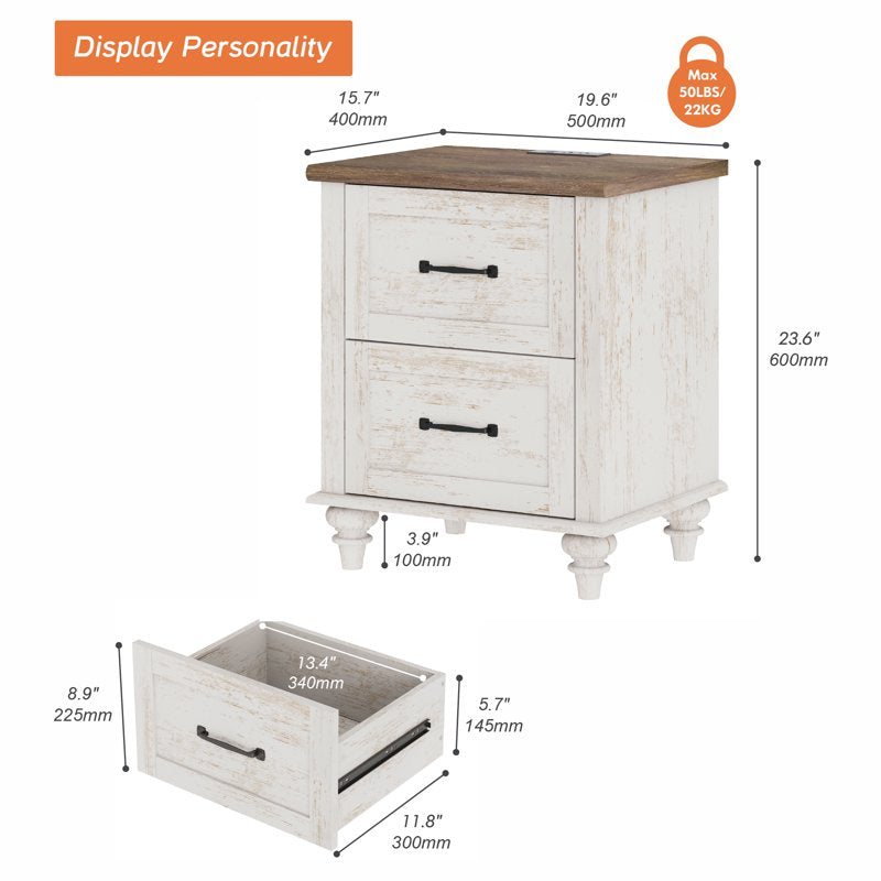 Antique White End Table with Charging Station & 2 Drawers