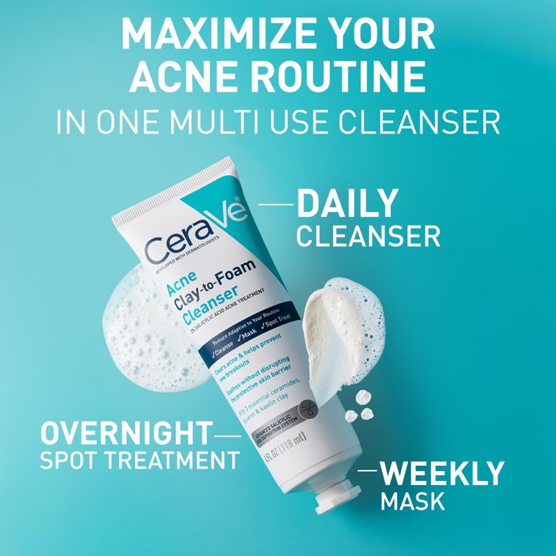 3-in-1 Acne Clay-to-Foam Facial Cleanser with 2% Salicylic Acid, 2-Pack