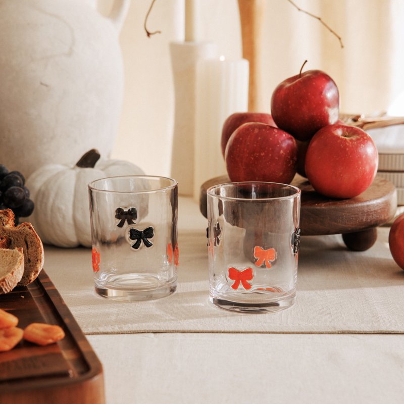 Halloween Drinking Glasses Set - 12 oz Orange & Black Bow, 2 Pack