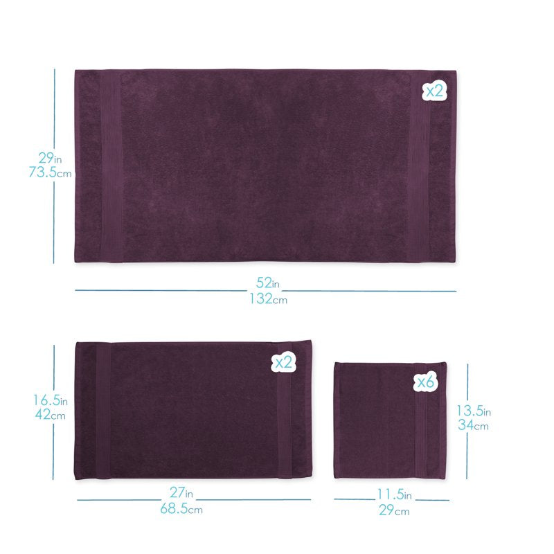 Bath Towels Set with Washcloths - 4 Purple Cotton Towels + 2 Washcloths - Soft & Absorbent