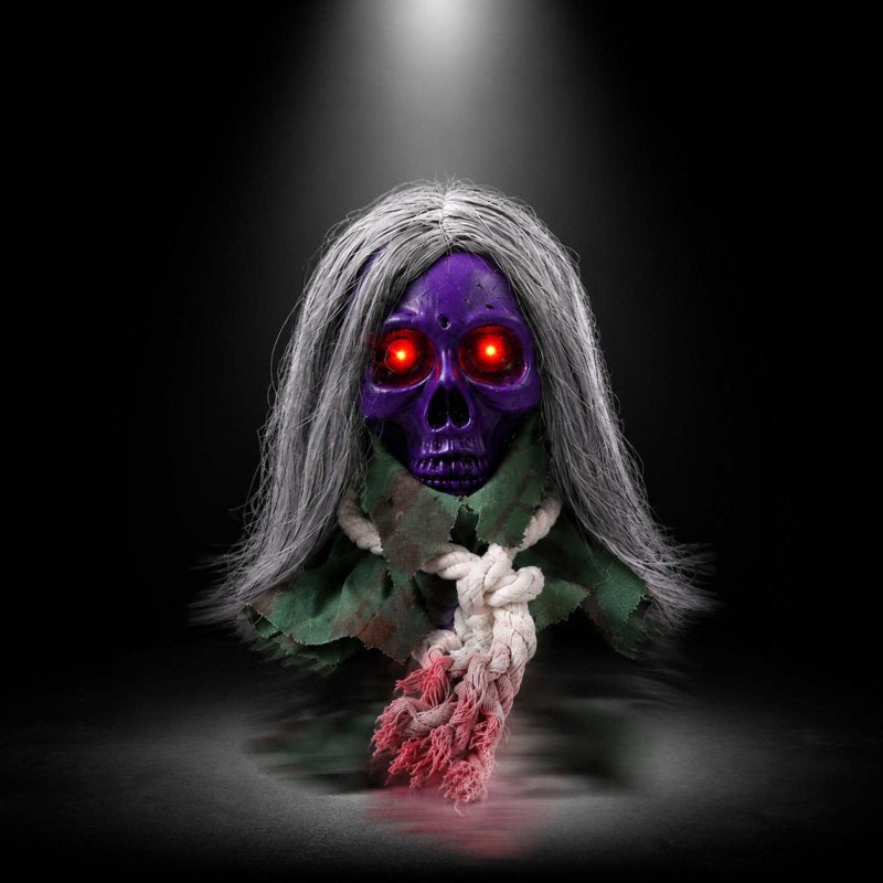 Halloween Moving Skull Head Prop with Long Hair, Creepy Skeleton Decor, Purple Variation